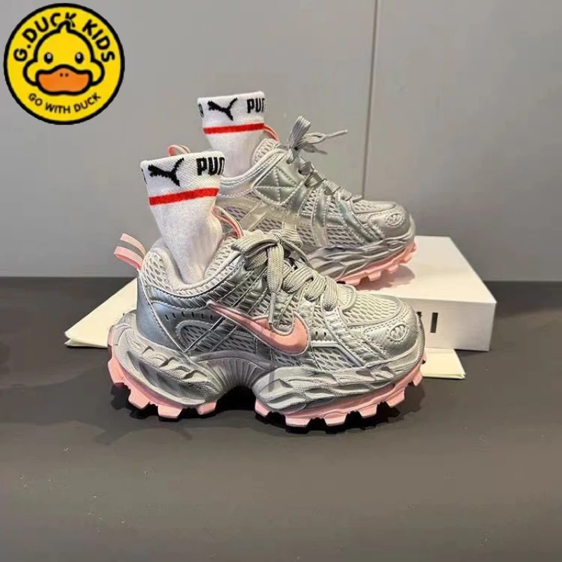 小黄鸭女童厚底防滑网面百搭透气运动鞋新款跑步鞋6-12岁宝宝鞋子