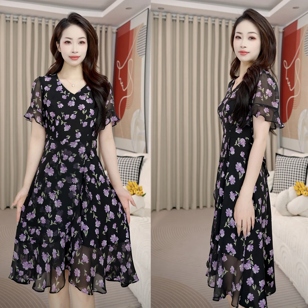 新款女装连衣裙收腰显瘦气质洋气高档短袖连衣裙时尚修身裙子