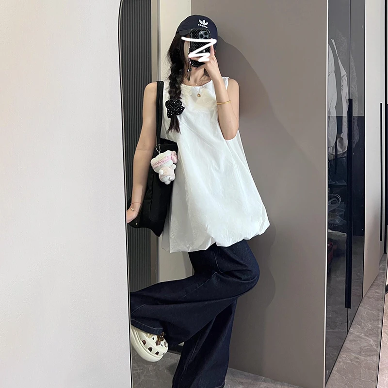 2025夏季新款泡泡无袖时尚显瘦洋气宽松裙子白色气质法式连衣裙女