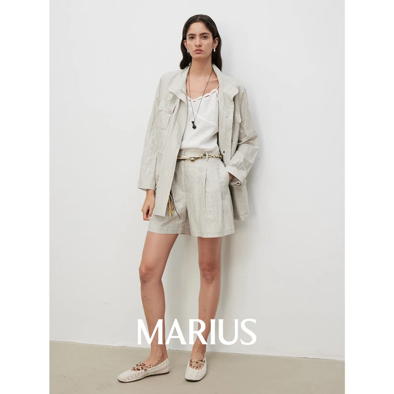 MARIUS“狩猎者”亚麻棉压褶工艺人字纹狩猎外套