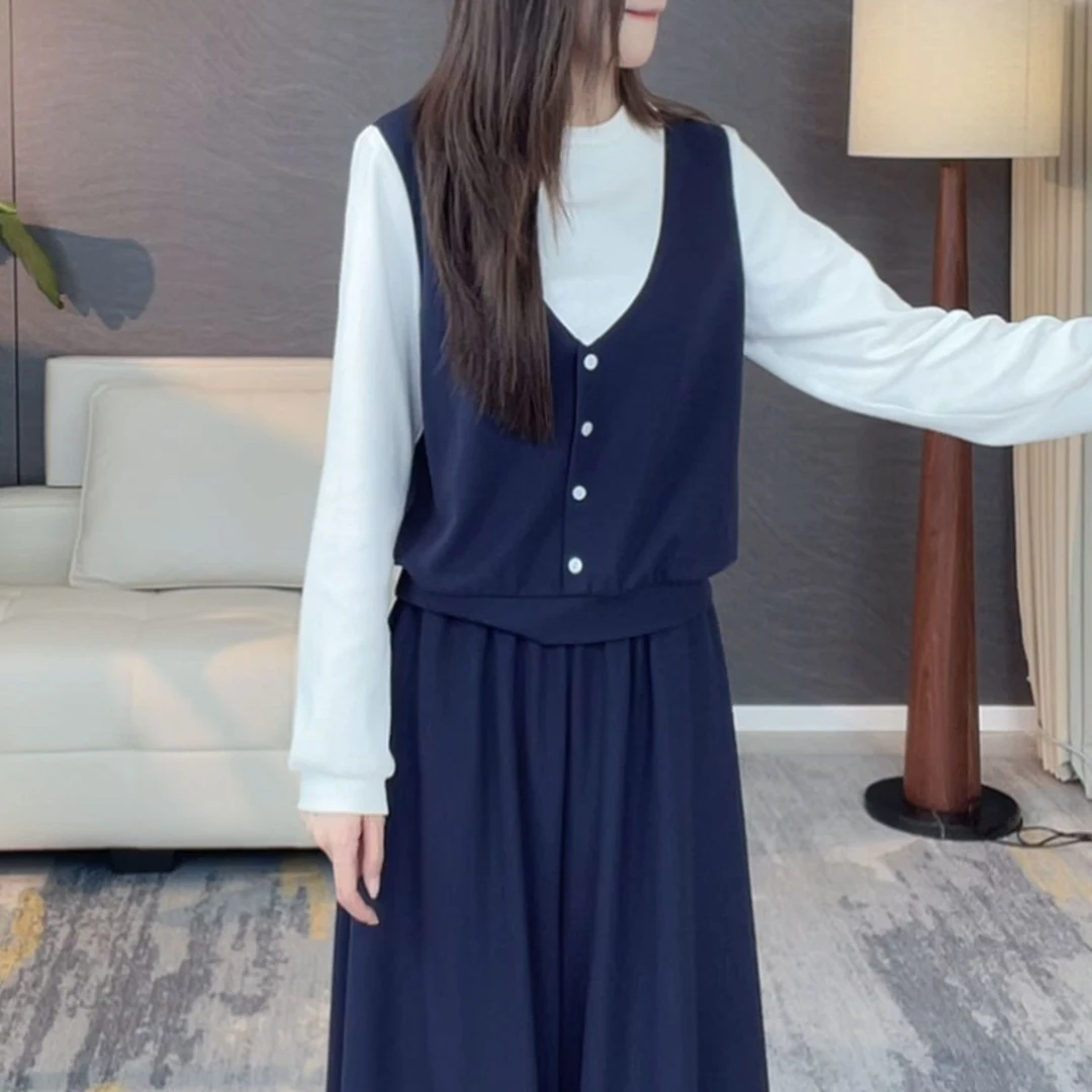 2025秋季新款时尚气质休闲套装女设计感假两件拼接上衣裤子两件套