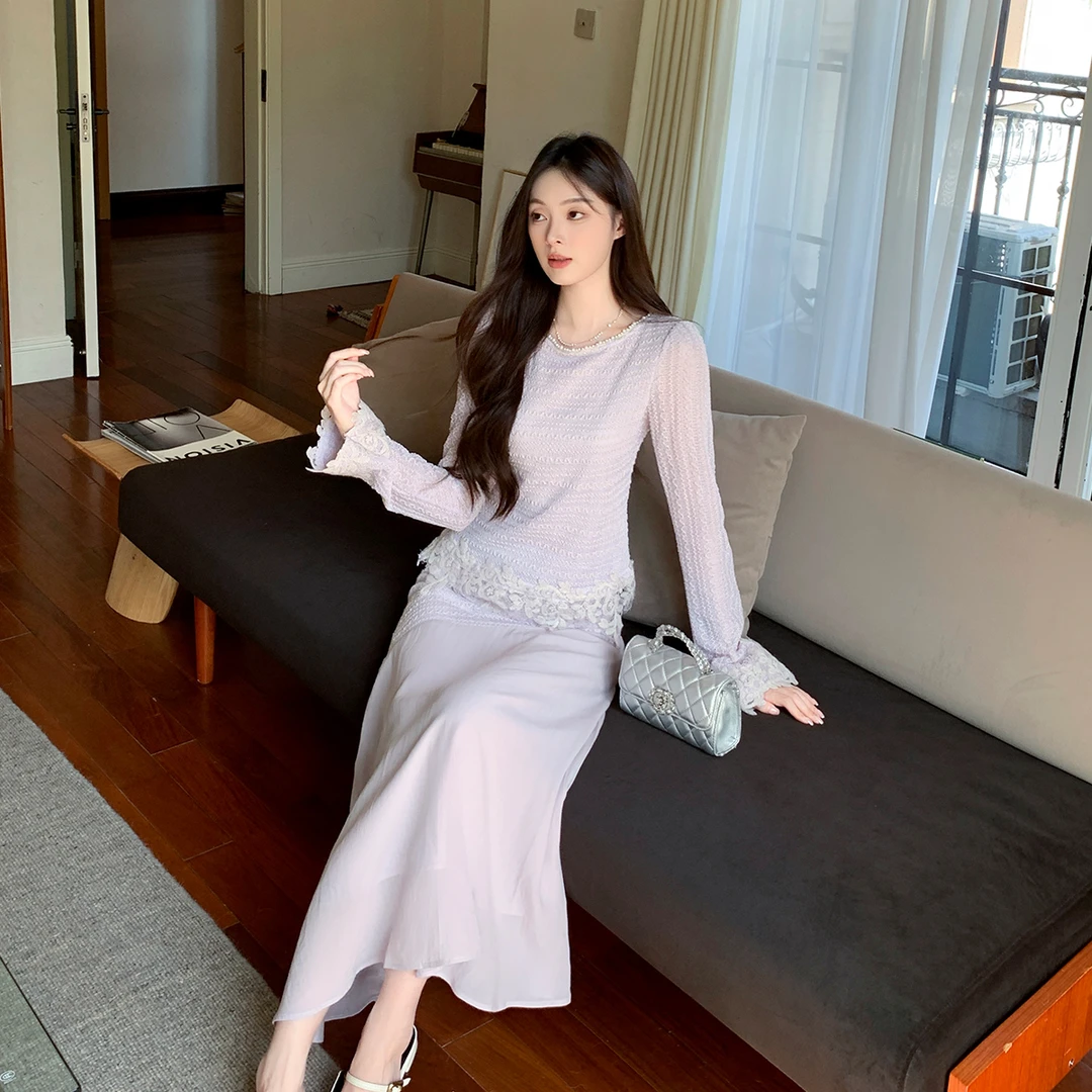 GERTCOREL2025新款春秋季法式修身微透针织衫半裙紫色减龄套装女