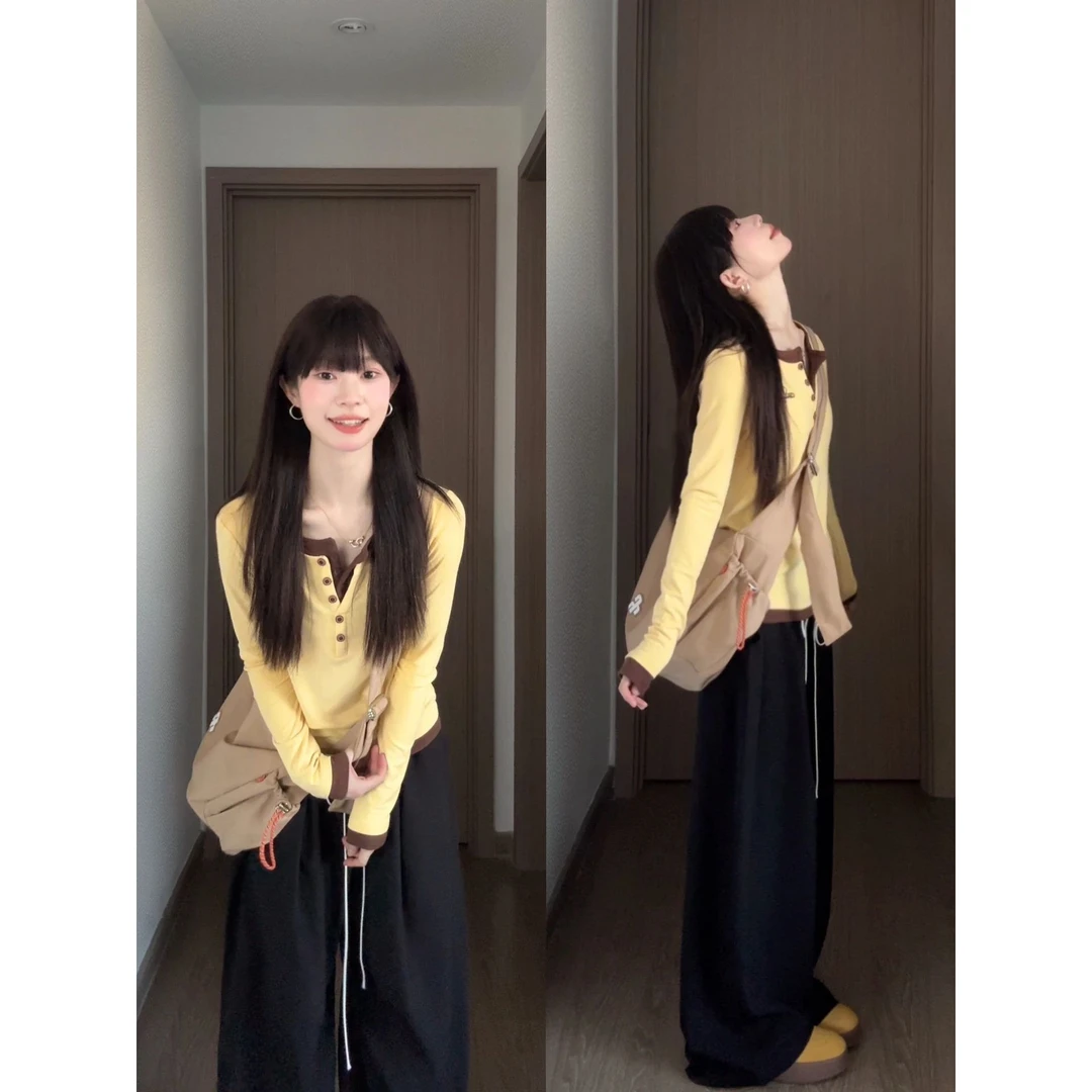 美式复古撞色拼接假两件长袖T恤女早秋季性感纯欲风修身内搭上衣