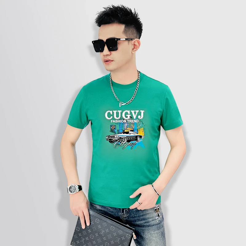 【老斐爷欧品】2025夏季潮男士休闲百搭t恤时尚图案拼色圆领短袖