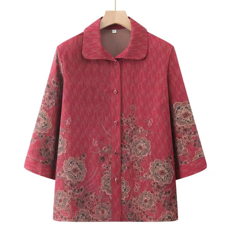 中老年女装妈妈装上衣新款夏季中袖开衫奶奶装牡丹花衬衫2405