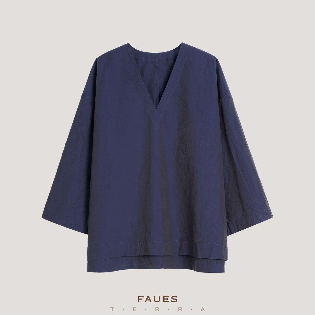 FAUES 兰鸢 日本近江晒盐缩色织焕彩匹马棉V领文艺小众罩衫衬衫