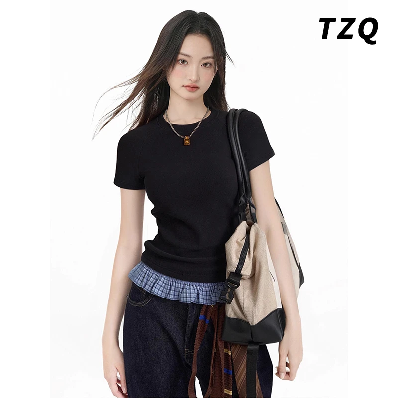 美式黑色假两件花边拼接短袖T恤女夏季小个子百搭上衣TZQ2540210