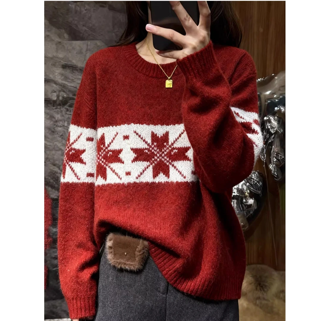 新年红色复古费尔岛氛围感雪花提花针织衫毛衣女2025秋冬新款上衣