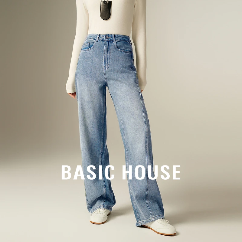 Basic House/百家好秋季新款复古做旧休闲百搭牛仔裤-B0624H5Y872