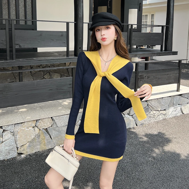 2025秋冬新款韩版百搭气质显瘦设计感小众针织连衣裙高级感配披肩
