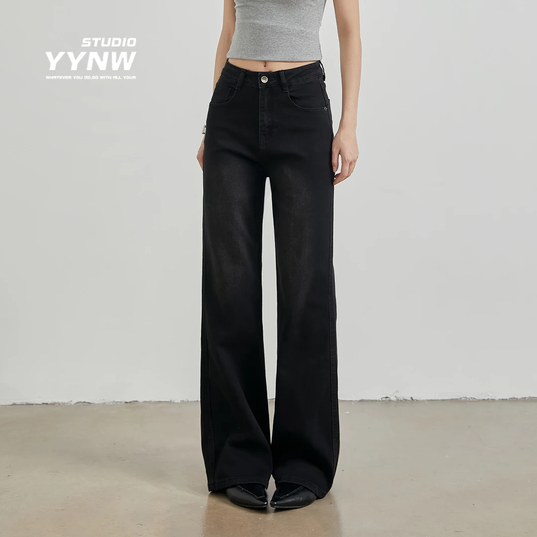 黑色弹力微喇牛仔裤女2025春夏季高腰宽松显瘦垂感拖地阔腿长裤子