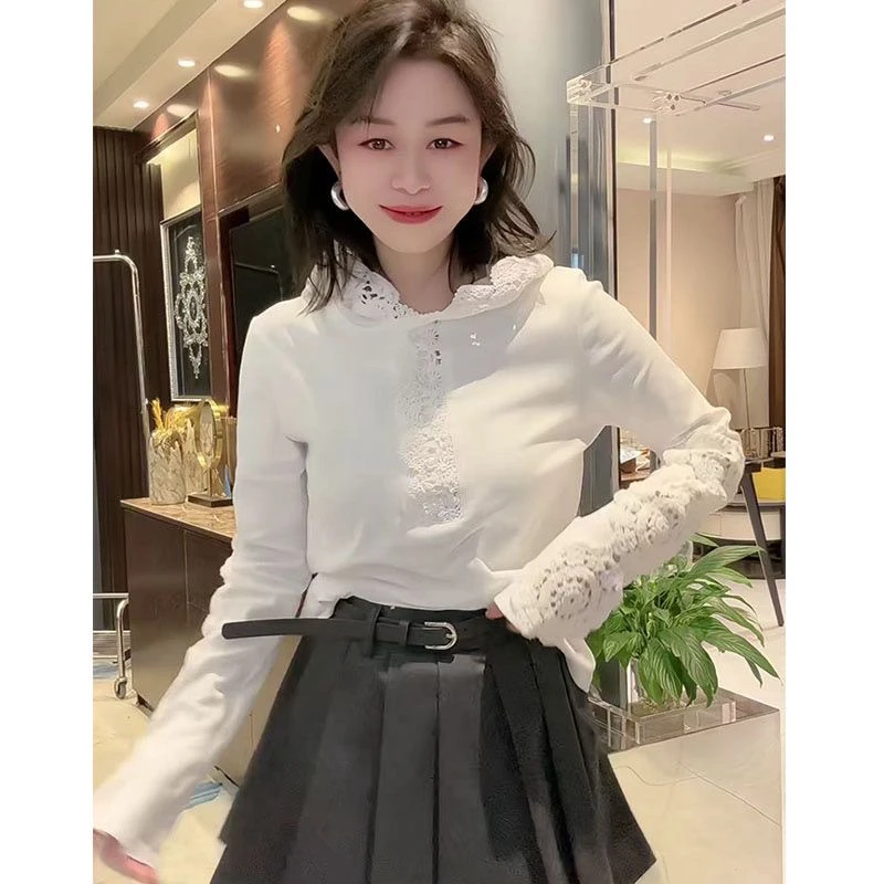2025春季新款精致修身显瘦蕾丝拼接袖连帽打底长袖T恤女时尚百搭