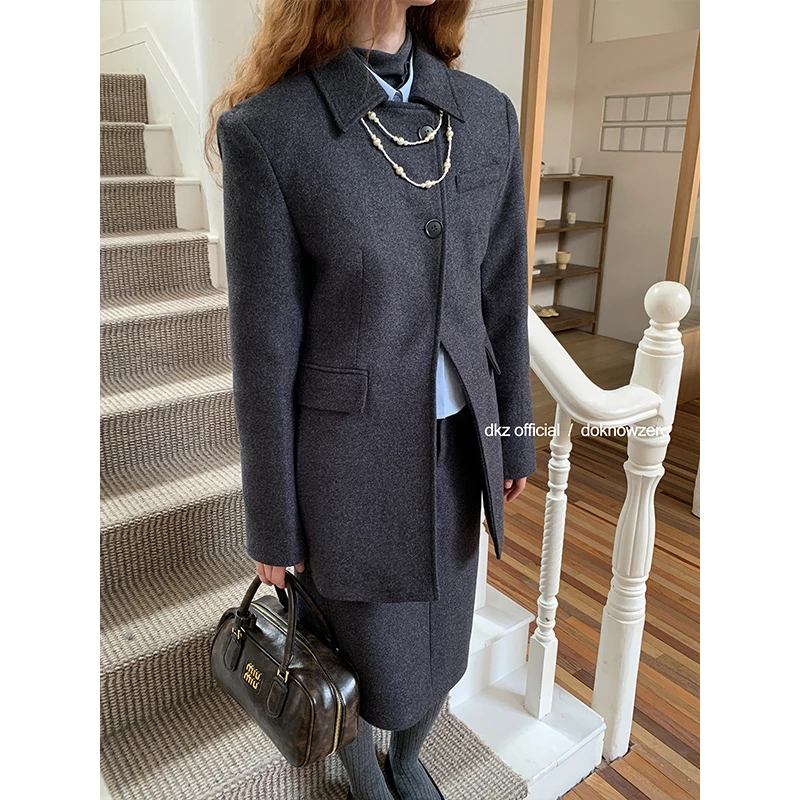 DKZ 灰色复古夹棉西装大衣外套中长款直筒半身裙两件套