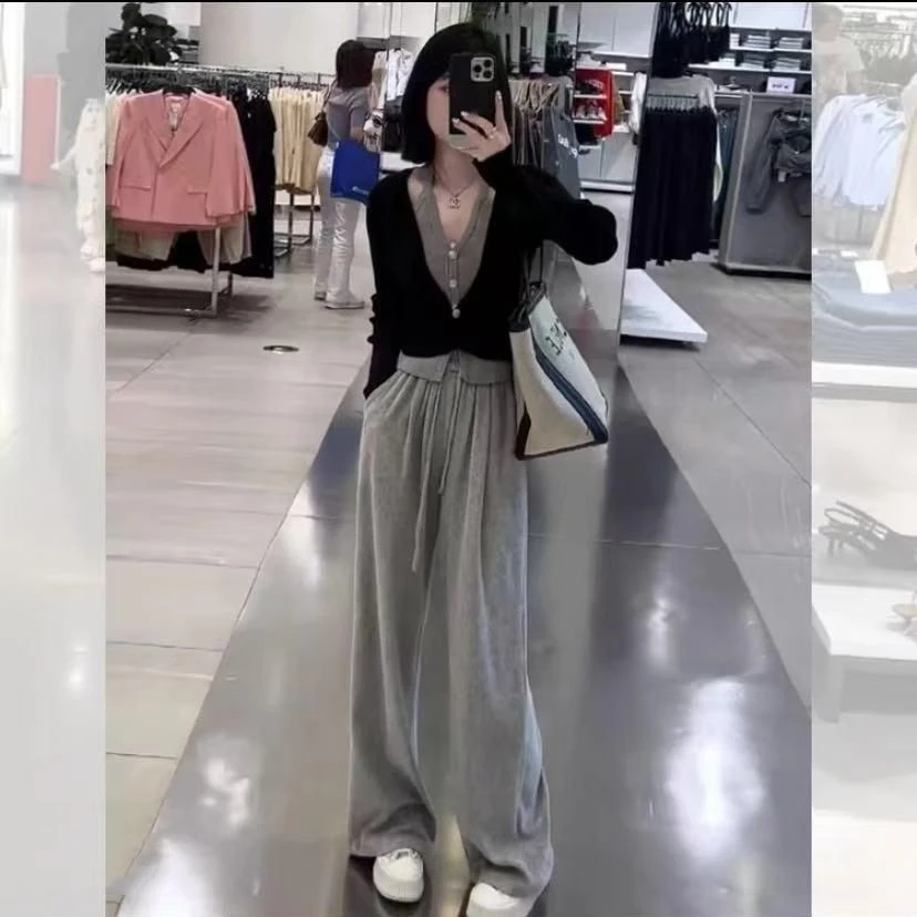 6075#大码女装秋冬新款减龄假两件针织开衫高腰阔腿裤显瘦两件套