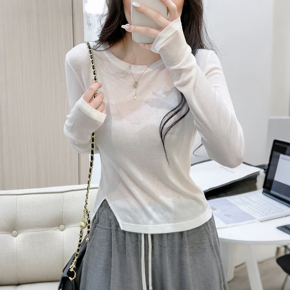 白色开叉短款长袖T恤女2025秋季圆领长袖洋气设计感内搭打底上衣