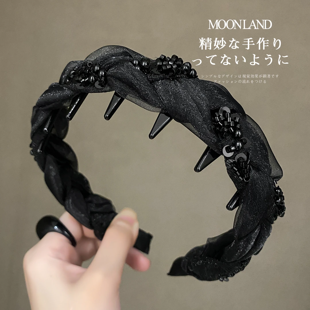 网纱麻花串珠发箍女款高级感洋气时尚发卡高颅顶日常外戴带齿头箍