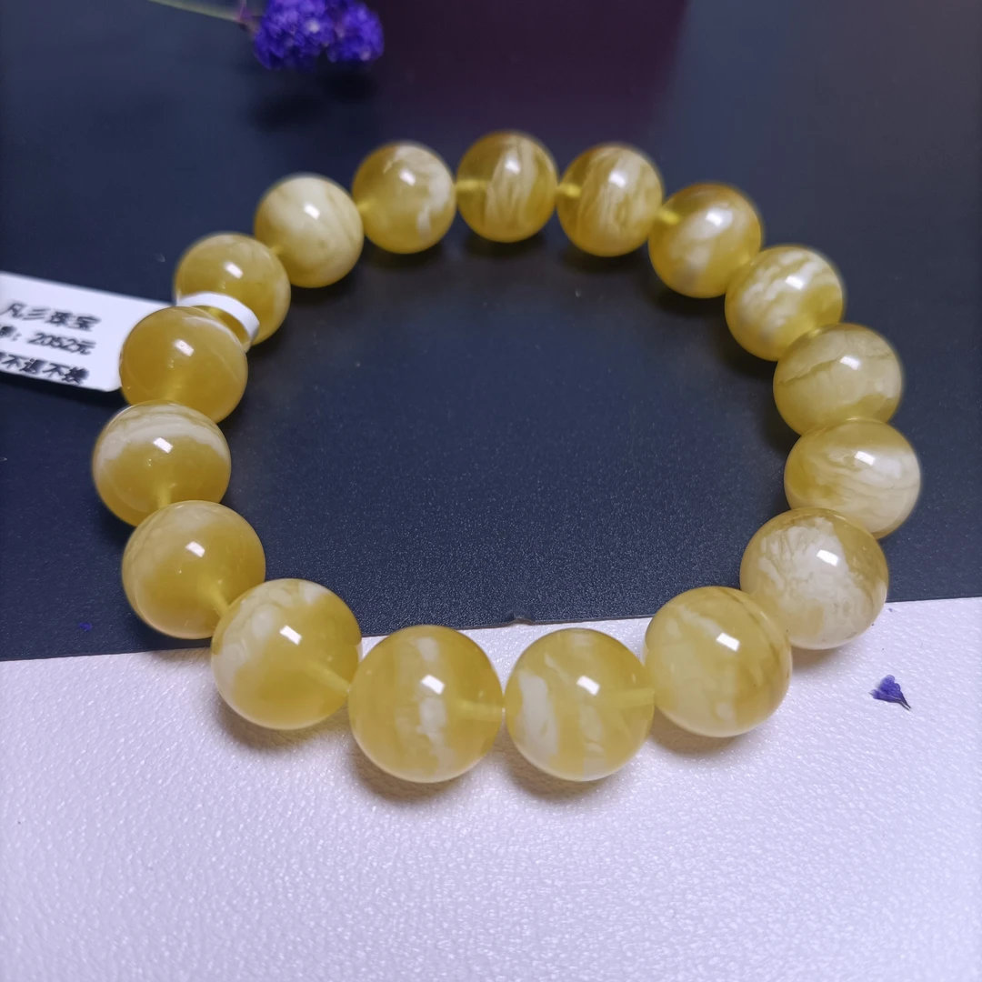 天然俄料蜜蜡圆珠手串~12+珠径规格~金白溶洞妖花~4187