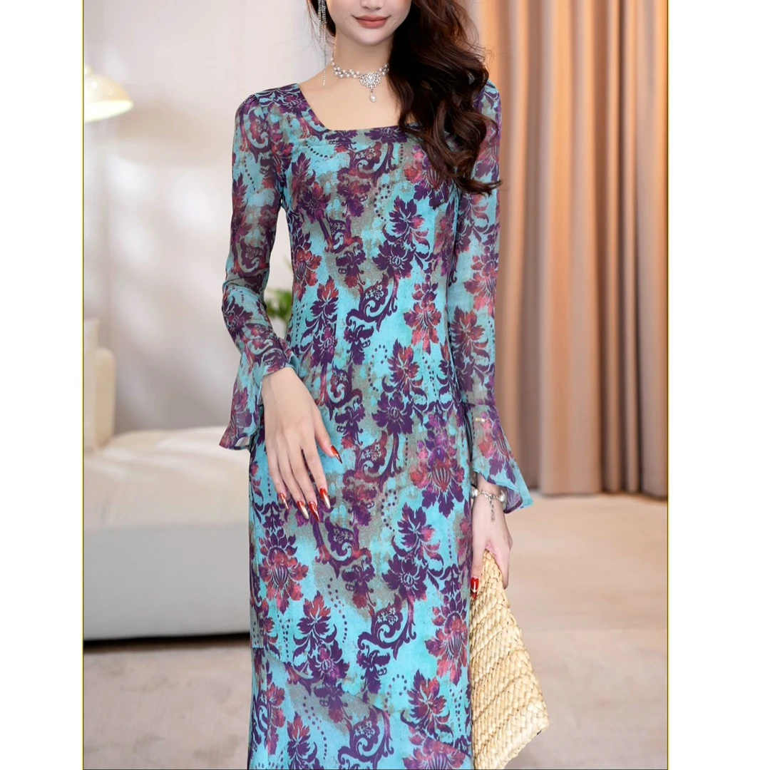 轻奢优雅气质复古印花法式显瘦修身收腰连衣裙-SW0029