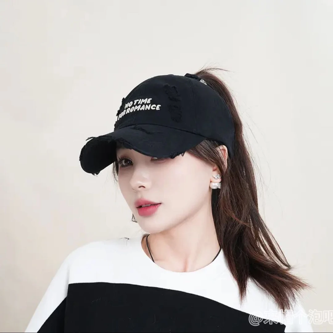 夏季空顶款可扎高马尾时尚潮流破洞软顶棒球帽休闲百搭韩版鸭舌帽