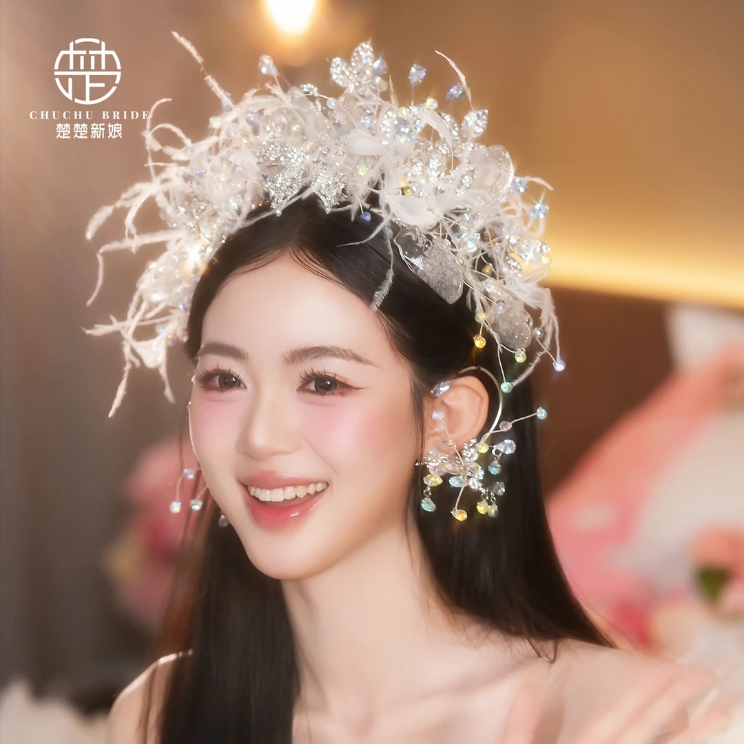 新款仙美新娘水晶羽毛发箍发饰森系大气皇冠婚纱公主头饰配饰大气