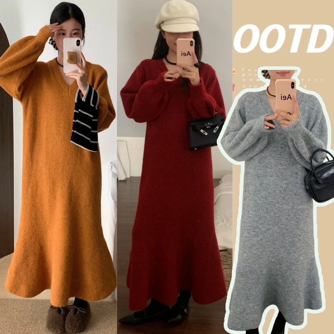 时尚孕妇毛衣连衣裙女 秋冬装新款V领灯笼袖显瘦针织鱼尾长裙