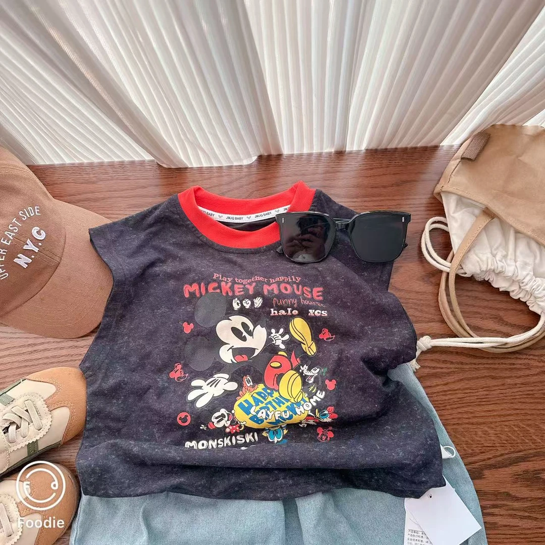 【JMJQ 25691】夏季儿童韩版洗水炒雪花黑烫画卡通印花无袖衫背心