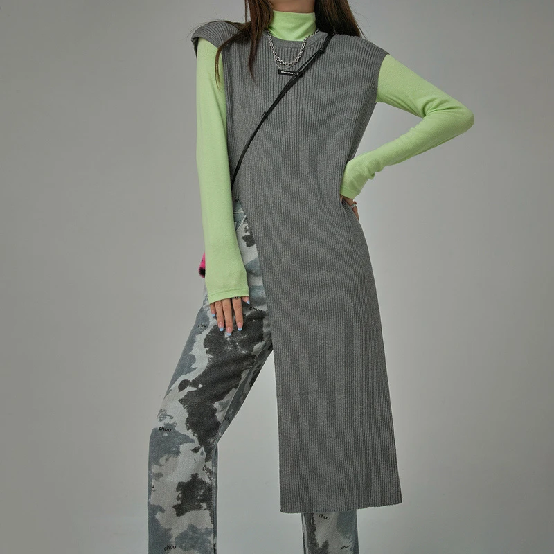 4251【金拐子专属】CHUU不对称针织小个子叠穿打底a字连衣裙-F