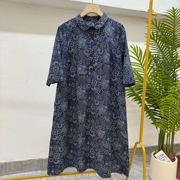 休闲宽松显瘦百搭青花瓷连衣裙