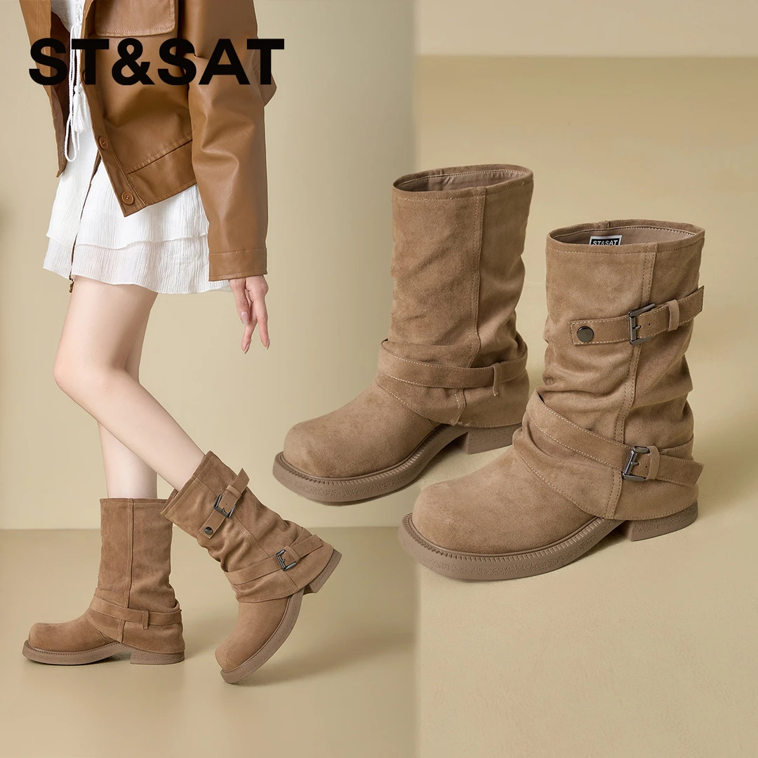 星期六流光游牧风裤管靴女士2025秋冬季新款粗跟增高舒适潮流短靴