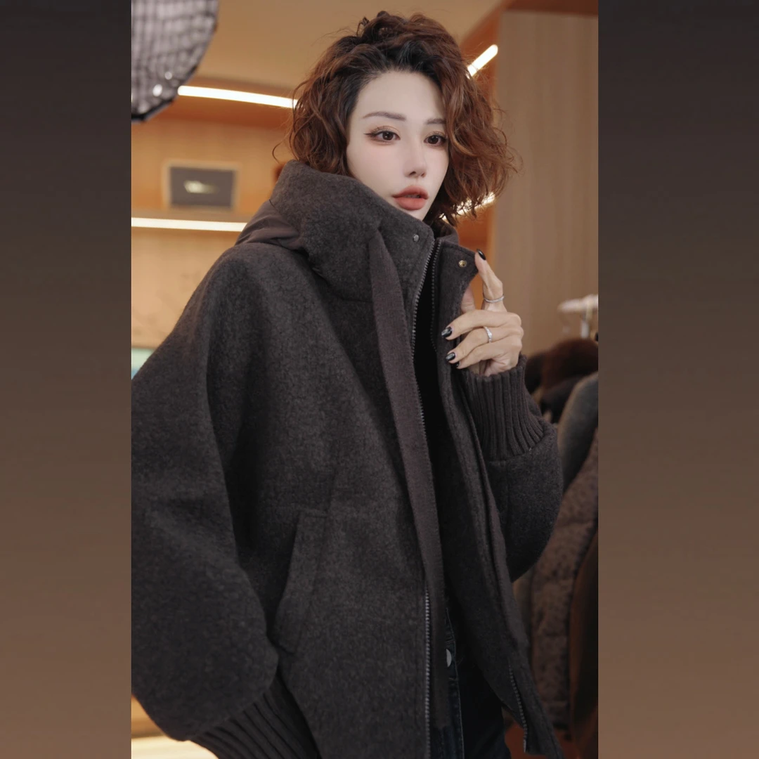 七奈 「菊晴」时尚拼接连帽显瘦休闲合身棉服QN13551