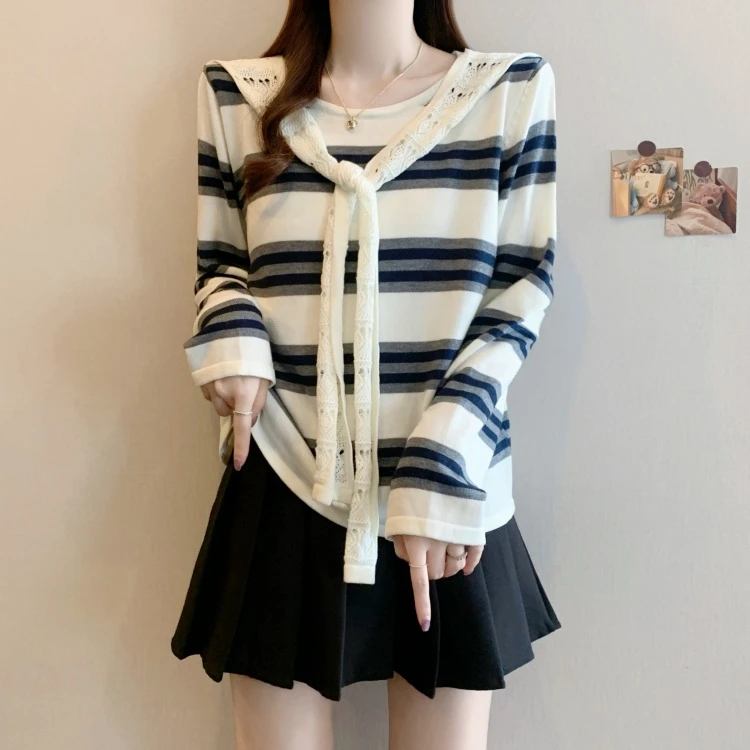 韩系条纹上衣+披肩针织衫两件套女秋季新款胖mm时尚减龄长袖上衣