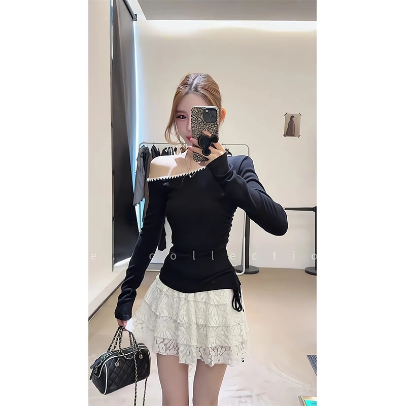 2025年新款韩系纯欲黑色斜肩辣妹收腰不规则高级感上衣蕾丝半身裙