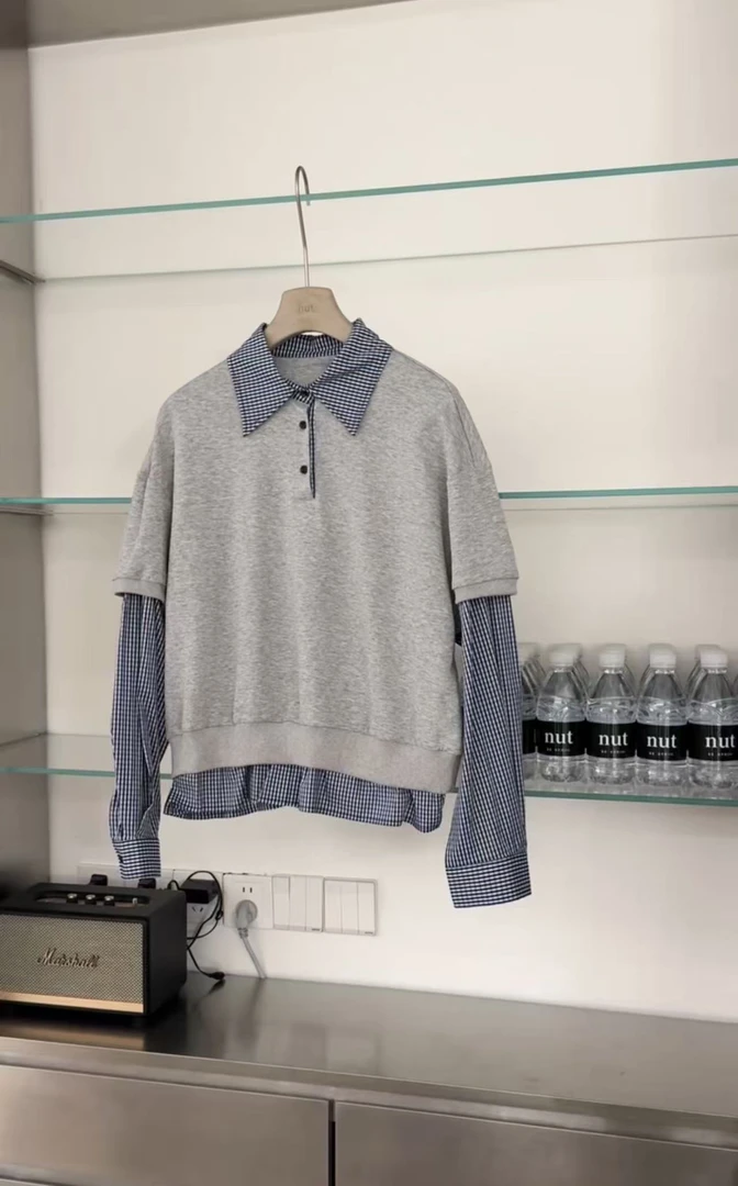 杭州NUT新款 好特别的假两件拼接格子衬衣的长袖上衣