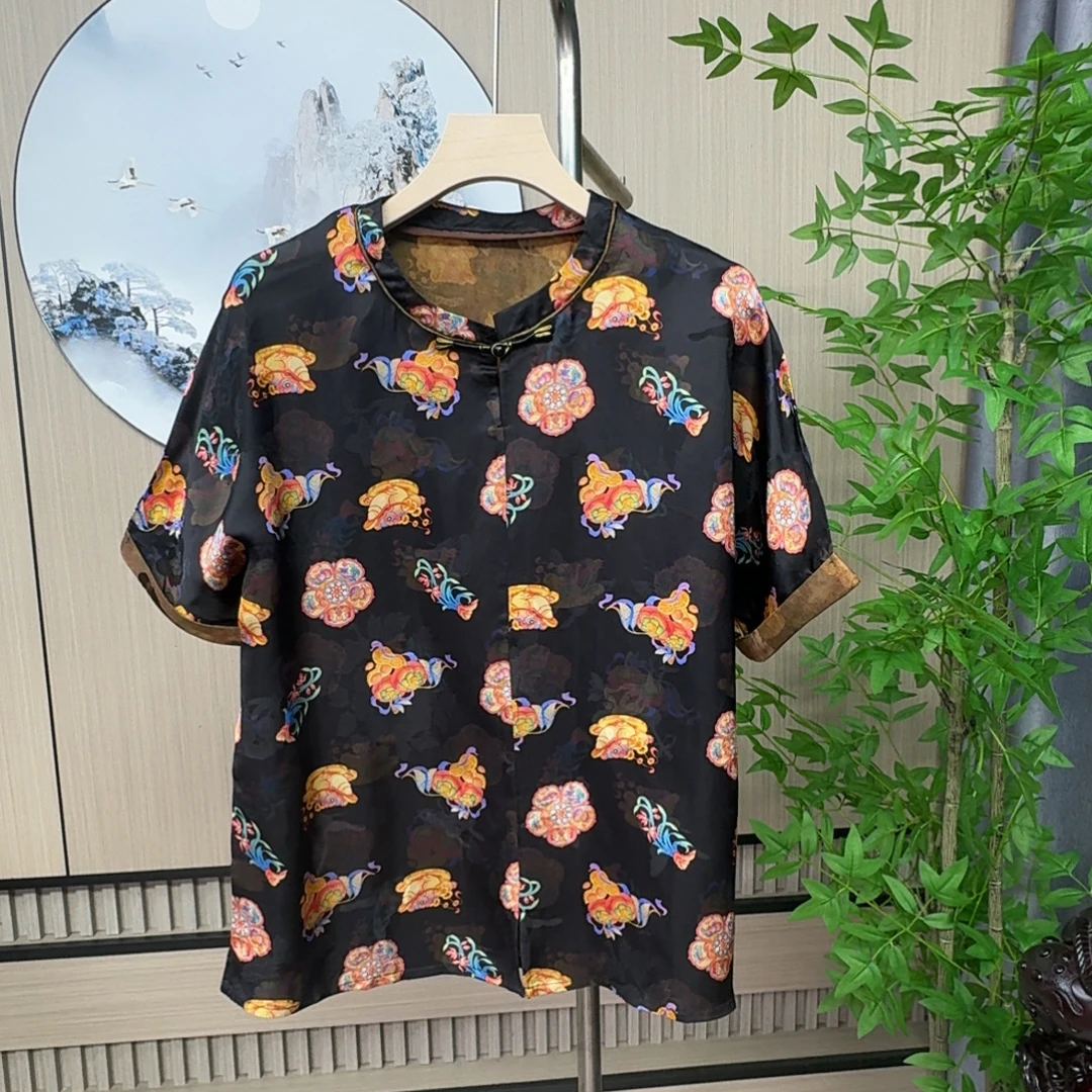 杭8631夏季新款新中式真丝提花香云纱短袖女上衣