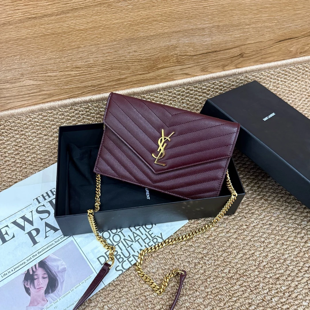95新 YSL/圣罗兰 酒红色信封链条包小号