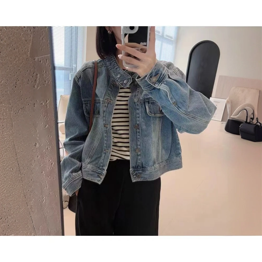 复古水洗牛仔衣女小个子宽松休闲立领夹克立领显瘦短款牛仔外套女