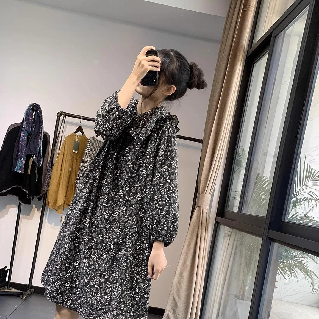 日系风格穿搭森系女装2025秋季新款娃娃领减龄连衣裙女棉麻碎花裙