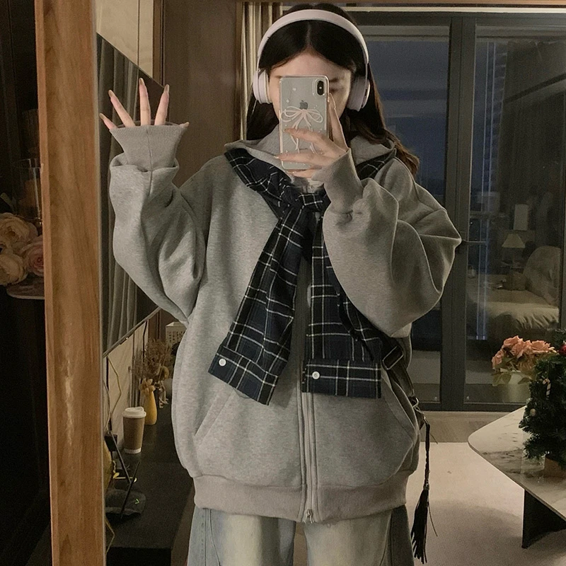 Bei贝贝小众设计感格子拼接潮流连帽卫衣开衫女宽松美式街头外套