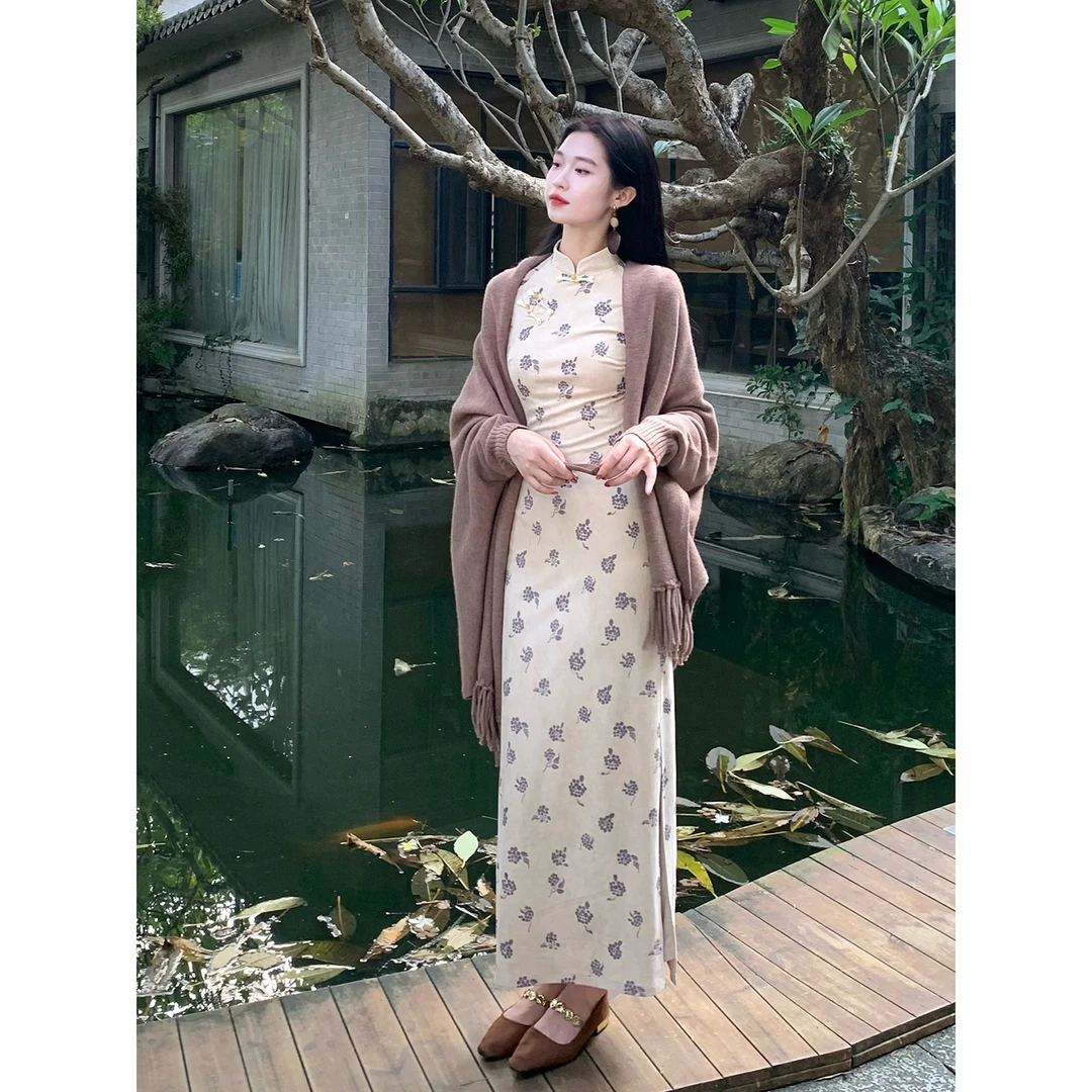 凌茜恣禾【听风雪】国风新中式杏色葡萄印花连衣裙气质改良旗袍裙