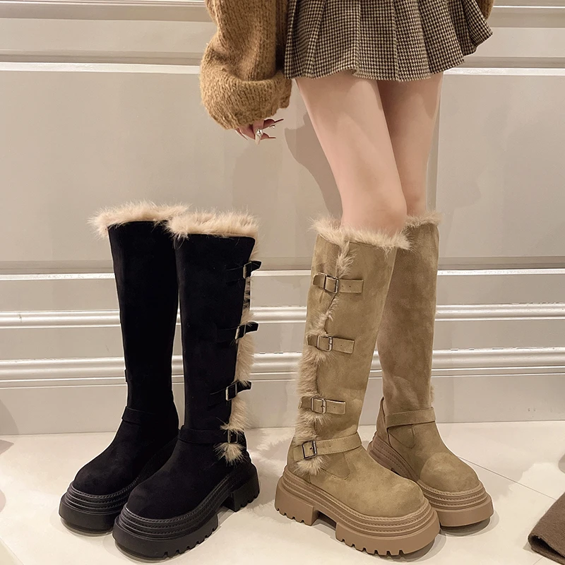 时尚厚底两穿毛绒雪地靴女2025年冬季显瘦高筒加绒保暖扣带长筒靴
