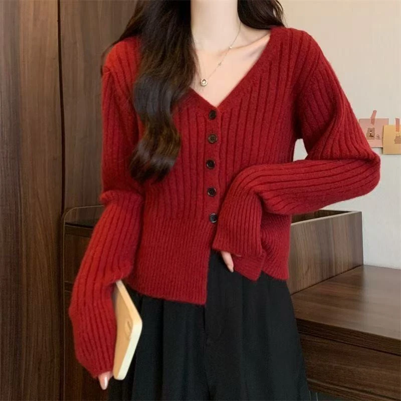 秋季女款配牛仔裤上衣毛衣毛针织衫显瘦长袖百搭复古红色气质外搭