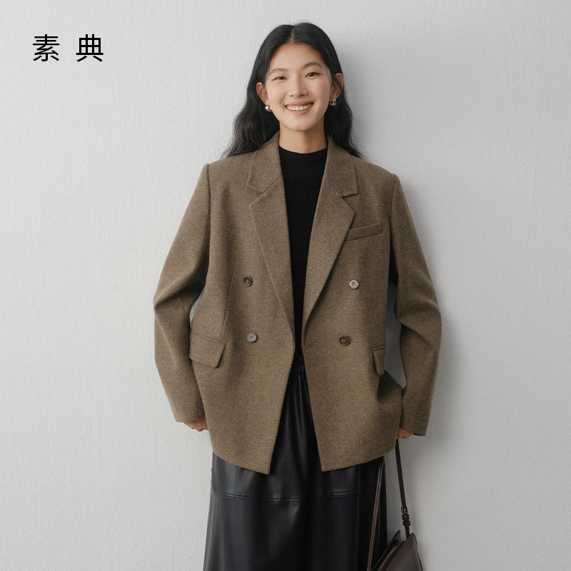 素典【枫叶回响】复古羊毛混纺人字纹西装外套女秋职业通勤上衣4942