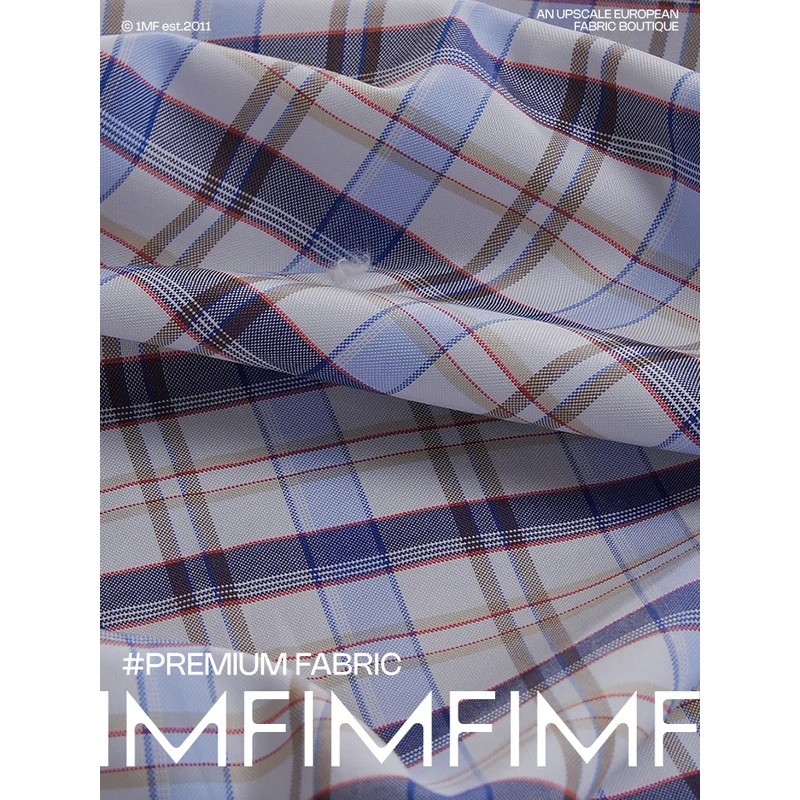 BRB同厂 棉+真丝+醋酸面料蓝驼白格纹服装布料 宽140CM