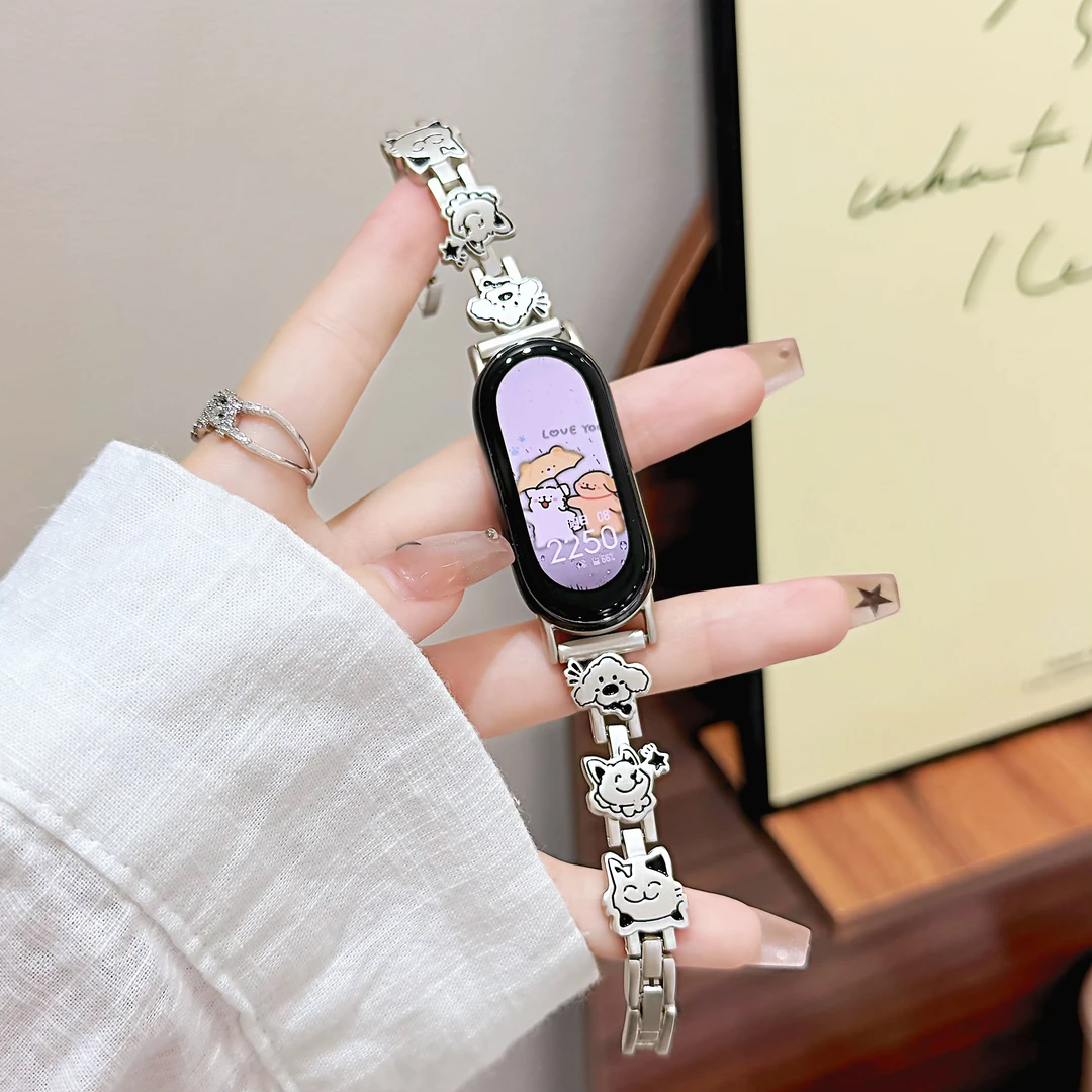 新款可爱小狗金属链式适用小米手环9表带87nfc版9pro女红米Watch5