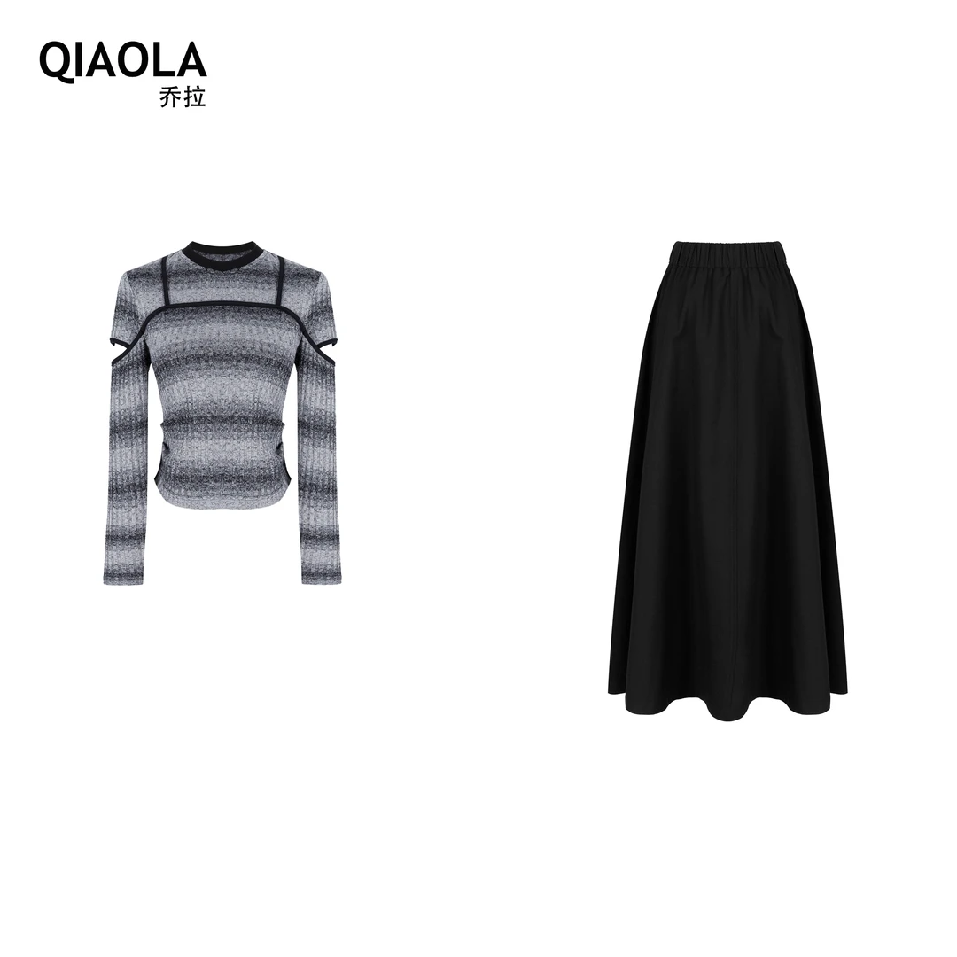 QIAOLA/乔拉【雨巷风铃】夏季显瘦圆领假两件条纹休闲上衣套装预售