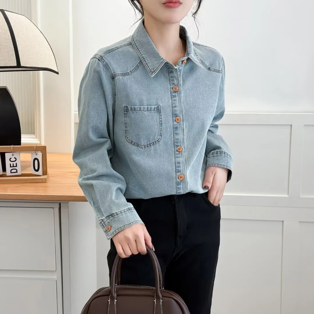 2025春季复古长袖牛仔衬衫大码高级感藏肉遮肚衬衣200斤胖mm外套