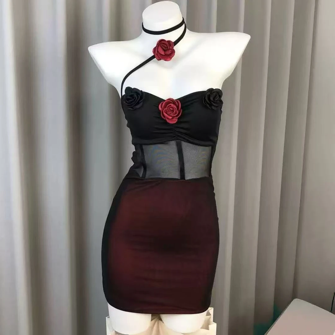 【迷欲】网纱玫瑰修身包臀连衣裙美背睡裙