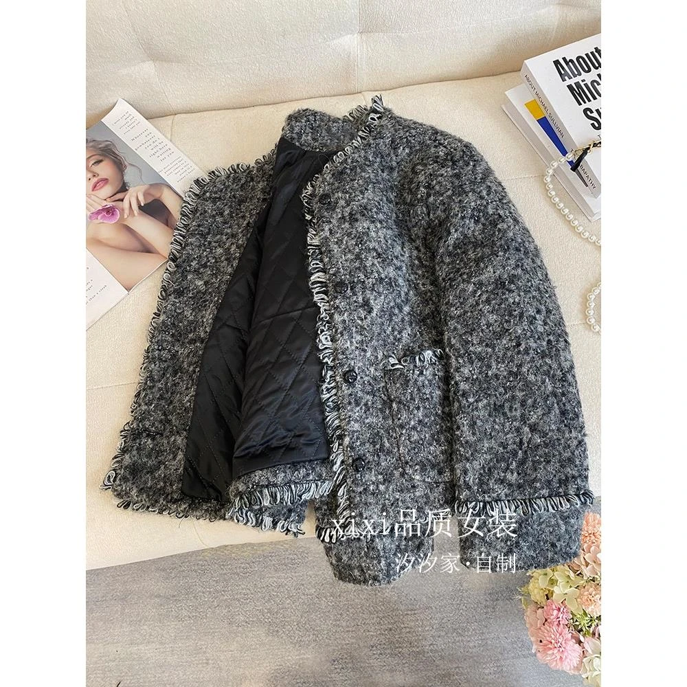 【万达撤柜】灰色小香风外套女2025秋冬新款法式覆古夹加厚圈圈毛上
