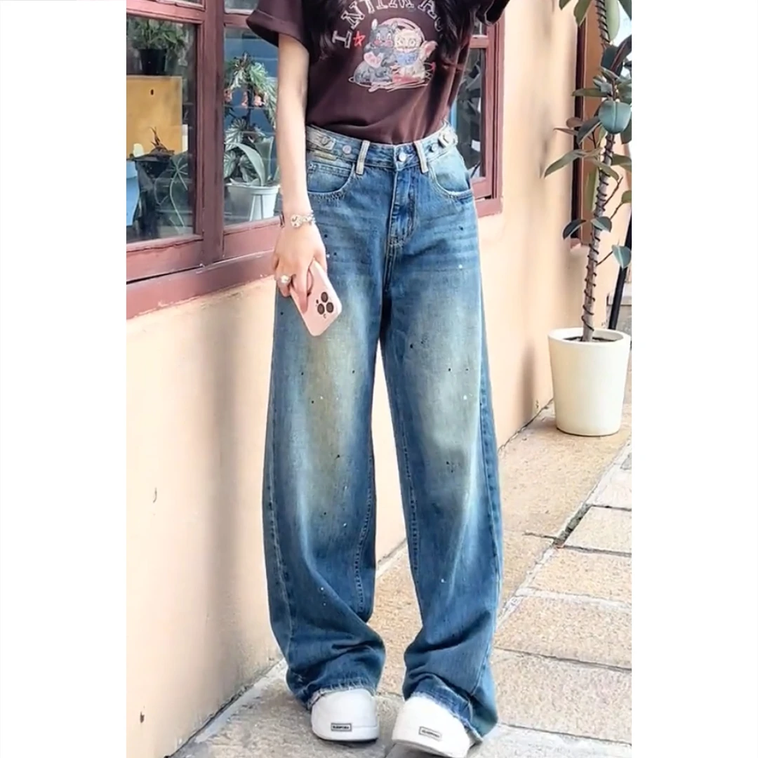 艾塔莉早秋女牛仔裤宽松裤子显瘦阔腿裤高腰静奢风宽松蓝色牛仔裤