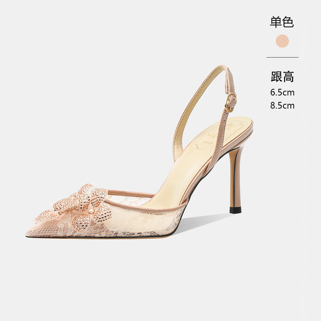 轻奢网纱仙女风蕾丝高跟凉鞋女细跟御姐性感配裙子法式气质尖头